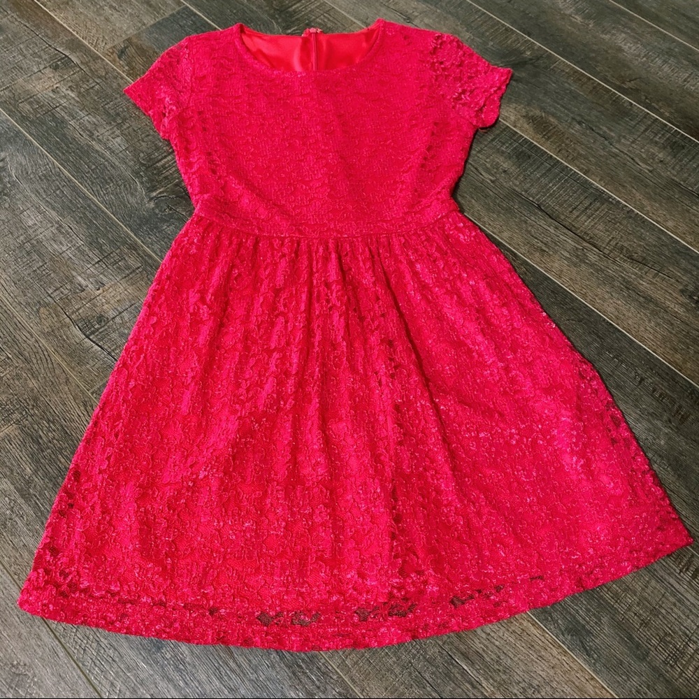 Red Lace Overlay Zip Up Little Red Dress Size Small Skater Fit and Flare Mini